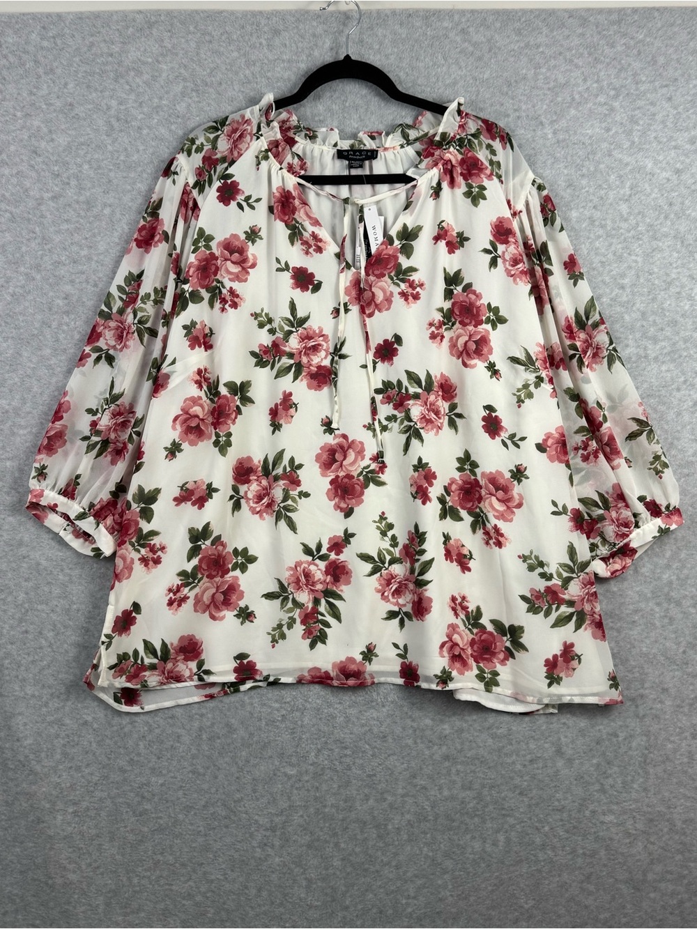 Grace The Perfect Fit Woman 3X NWT Floral Chiffon Blouse White Pink Roses